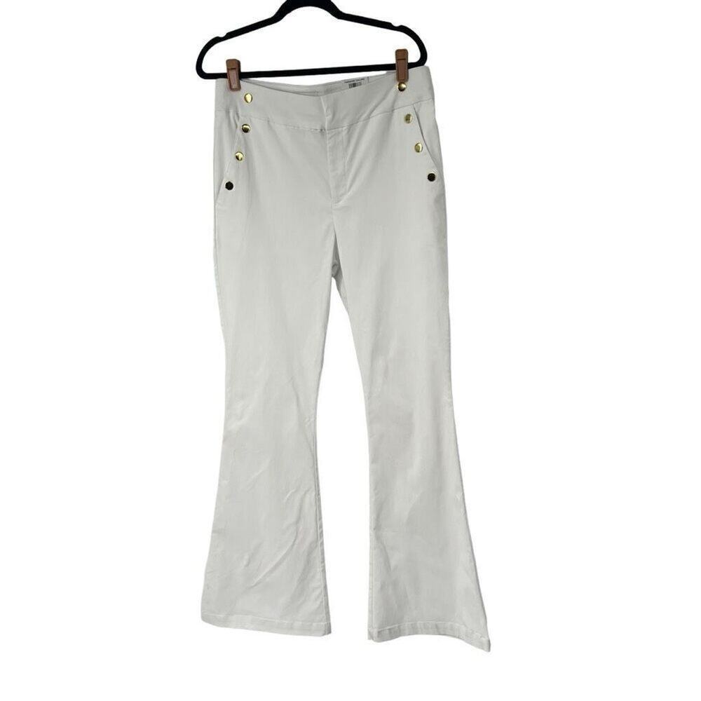 INC White Paradise Calling Flare Leg High Rise Pants Gold Side Buttons‎ Sz L NWT